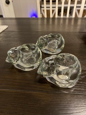 3 Vintage Indiana Glass Crystal Sleeping Kitty Cat Votive Candle Holder Made USA