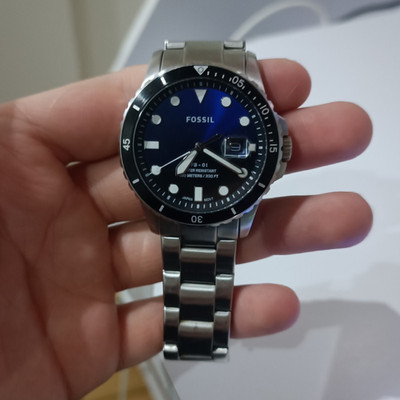 Fossil FB-01 Herren Quarz Uhr Edelstahl silber/blau 100 m Datum Leuchtind.