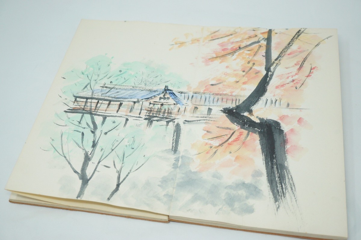 Japanese Vintage Book with many fine Handdrawings Temples