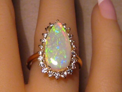 Opal Diamond Ring Solid 18k Yellow Gold Teardrop