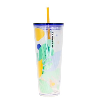 STARBUCKS Blue Green Palm Leaf Summer Cold Cup Straw Venti TUMBLER 24 Oz