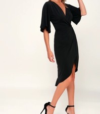 Lulu’s Women’s Black Faux Wrap Over The Knee Flutter Sleeves Dress Small