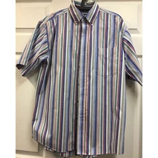 Scandia Woods Shirt Medium Short Sleeve Blue Multi Striped Button Down Collar