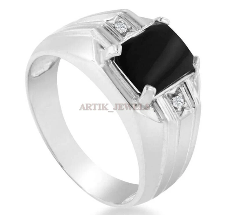 Natural Ónice Negro Piedra preciosa con 14K Bañado En Oro Blanco Plata Anillo - Imagen 2 de 4