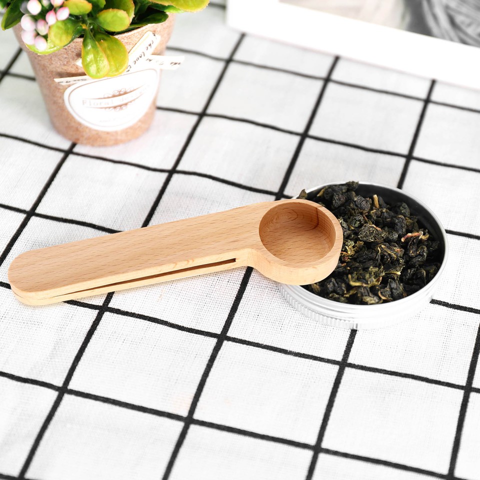 5 Pcs Wooden Coffee Scoop and Bag Clip Measure Spoon 2In1 Bags