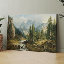 Vintage Rustic Mountain Landscape Forest Cabin Decor Canvas Wall Art Print
