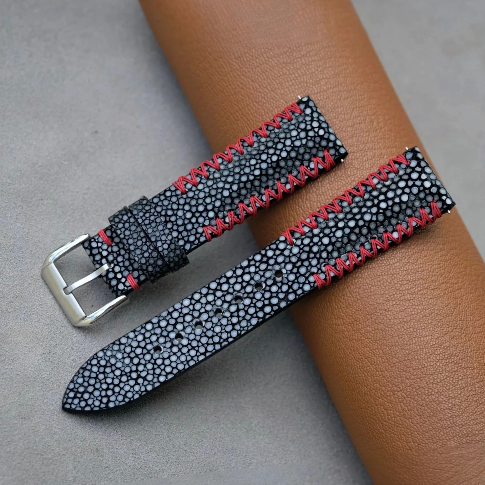 BLACK RED Stingray Watch Strap, Leather Watch Band Handmade Gift, Quick Release