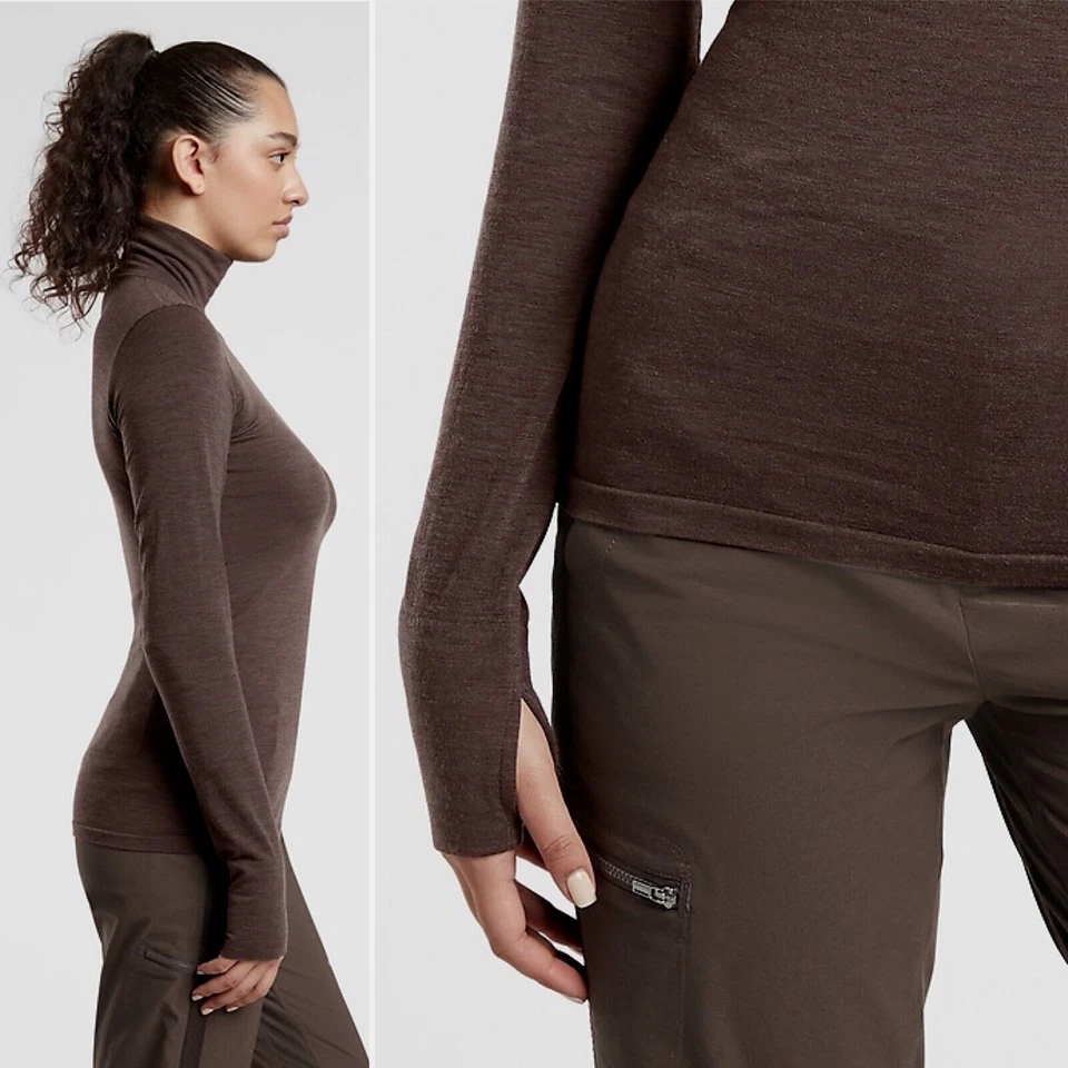 Nuevo con etiquetas Top Athleta Foresthill Ascent Cuello Alto XXS Nogal Lana Merino Ajustado Suave Foto 2 de 4