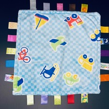 Taggies Blue Baby Security Blanket Lovey Helicopter Plane Bike Boat Train Checks