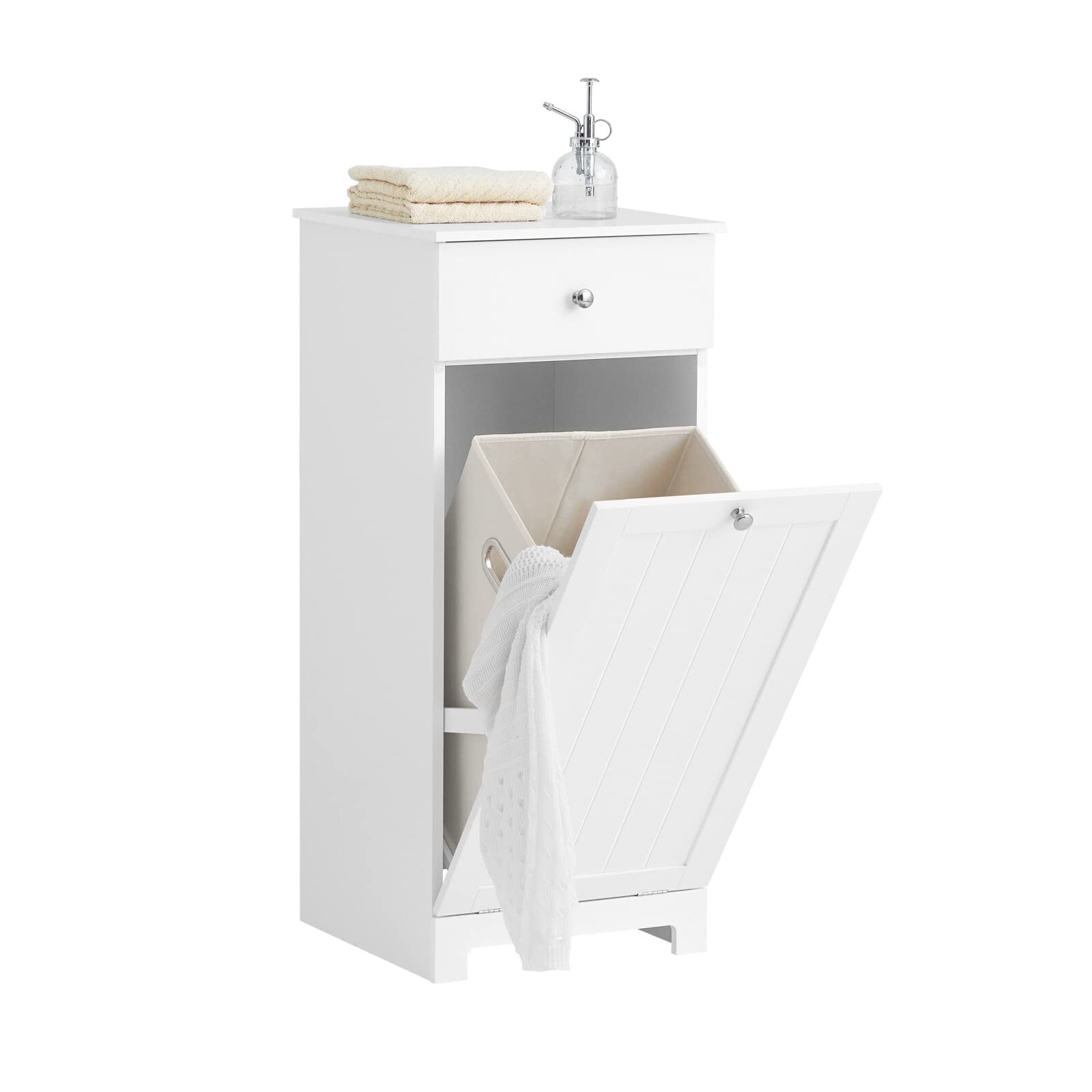 Meuble Rangement Salle de Bain Blanc avec Panier à Linge et Corbeille Armoire Moderne