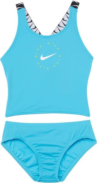 Nike 281357 Girl&#039;s Logo Tape Cross-Back Tankini Chlorine Blue XS (6X Little Kid)