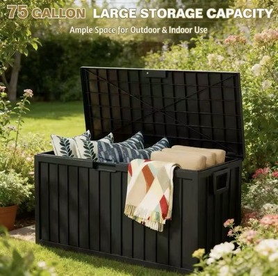 75 Gallon Heavy-Duty Outdoor Deck Box   Waterproof Patio Storage Box with Hinged