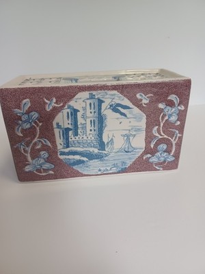 Vintage Delft Pottery Williamsburg Flower Frog Brick Vase 1969 Floral Blue White