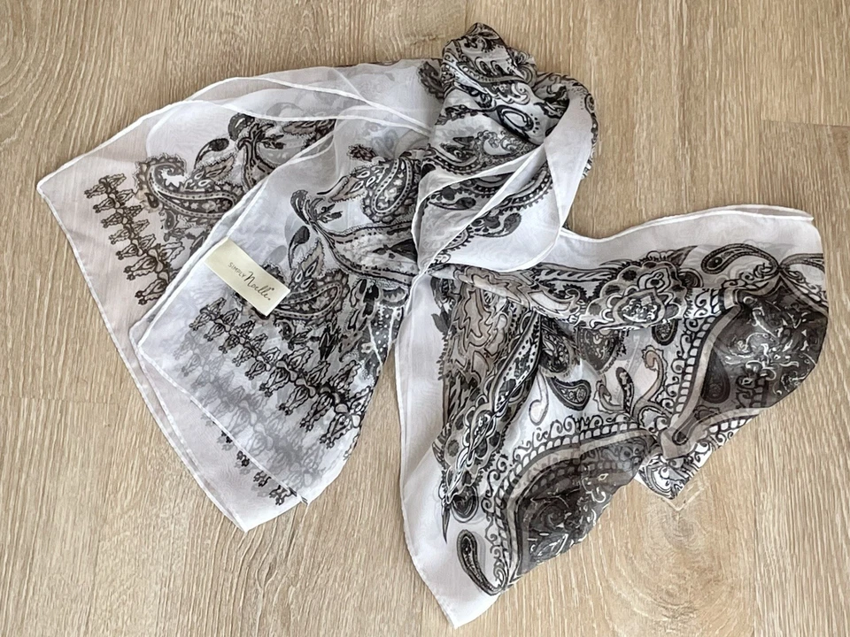 SIMPLY NOELLE Ultra SHEER Scarf Rectangle White Black Beige Paisley Wrap EUC - Image 2 of 4