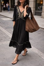 NWT Figueroa & Flower Women's Embroidered Long Dress Black Size L