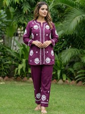 Women Muslin Chikankari Co-ord Set Ethnic Wear Hand Embroided Shirt Pant Set