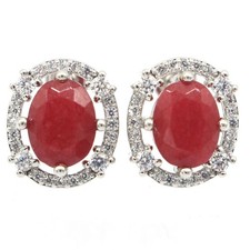 Anniversary Real Red Ruby CZ Women Engagement Silver Earrings