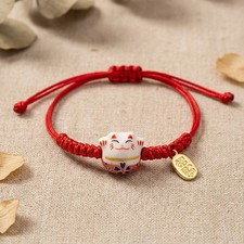 Ceramic Maneki Neko Red String Bracelet Braided Lucky Cat Charm Wealth Feng Shui