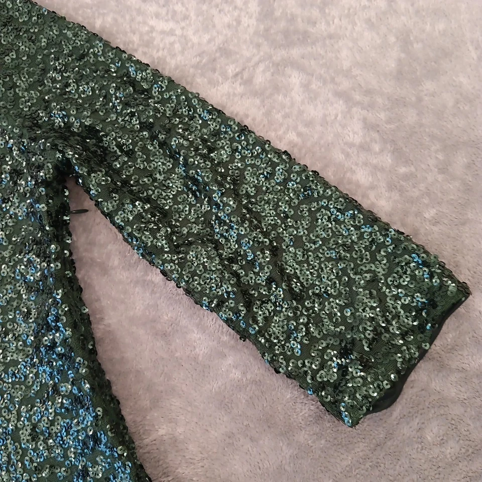 Vestido Vaina Express Talla 2 Corto Verde Lentejuelas Manga Larga Recorte Forrado Foto 3 de 4