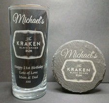 Personalised Kraken Rum Glass And Slate Coaster Gift Set ANY Name & Message 