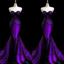 Dark Purple Mermaid Satin Wedding Dresses Lace Applique Sweep Train Bridal Gowns
