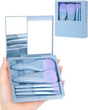 Travel Size Makeup Brushes Mini Set Hard Case Built In Mirror Sky Blue 5 PCS