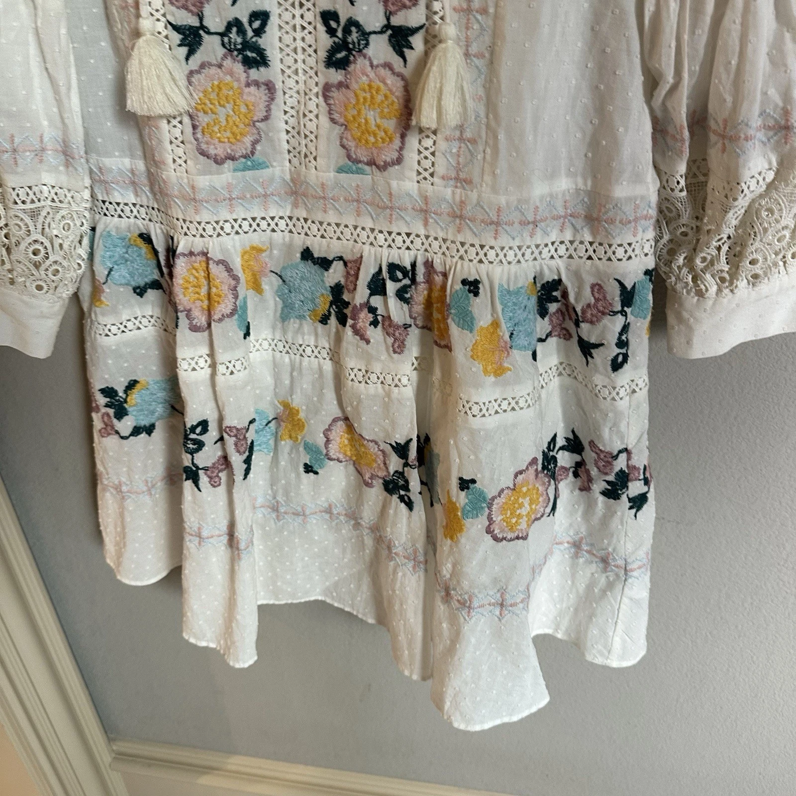 Tory Burch mini abito tunica hippie boho ricamato all'uncinetto donna taglia small