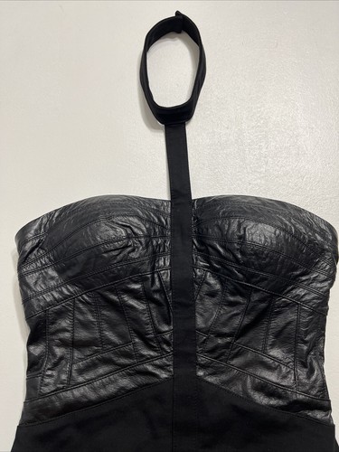 Vtg Bebe Black Leather Banded Halter Mini Dress Stretch Sz 6 Goth Bodycon Womens - Picture 8 of 22