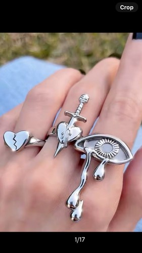 Punk Silver Heart Skull Sword Evil Eye Rings