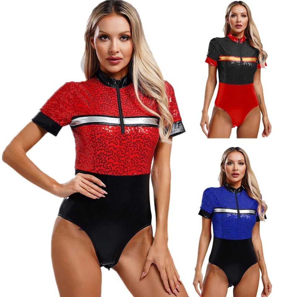 Damen Feuerwehrmann Kostüm Sexy Strampler Kurzarm Overall Pailletten Karneval - Bild 2 von 4