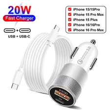 18W Fast Car Charger 2 Port USB + TYPE C QC 3.0 Universal Socket Adapter & Cable