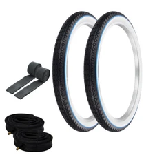 OG TIRES 24 x 2.125 BLACK/WHITE BLUE LINE P-123A W/ HEAVYDUTY TUBES, RIM STRIP