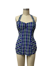 VINTAGE 1950s BLUE GREEN PLAID HALTER SWIMSUIT 1950s ONE PIECE SWIMSUIT