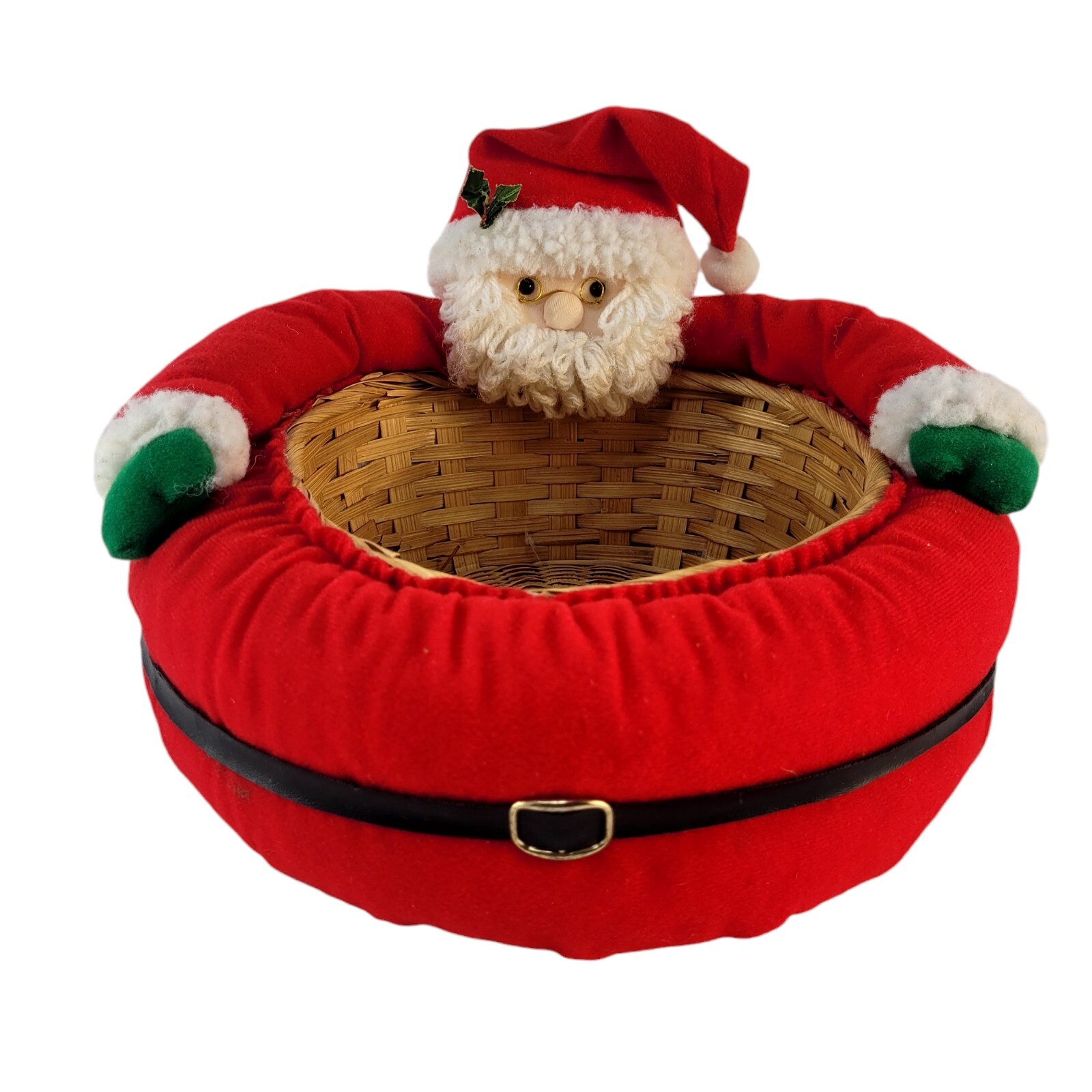 Vintage Santa Head Arms Plush Christmas Red Wicker Basket Candy Snack Container