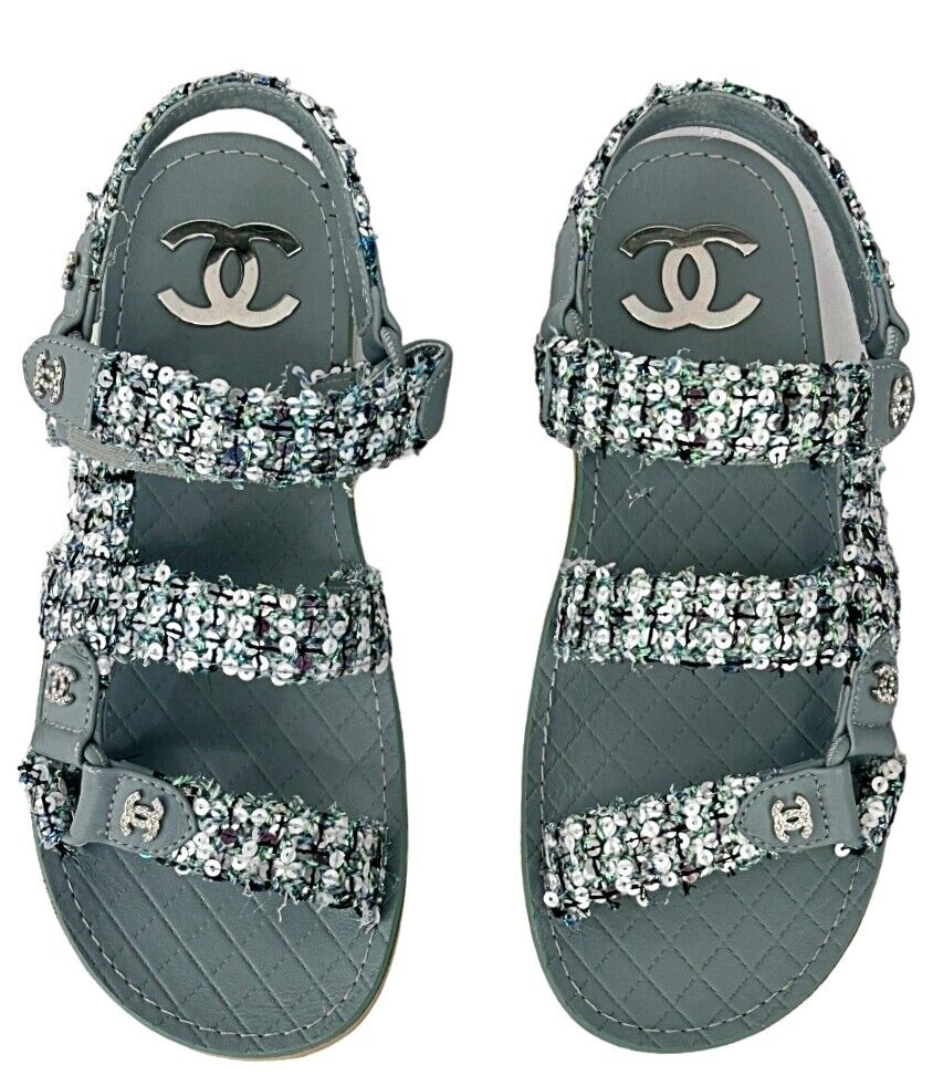 NEW CHANEL Leather Tweed Sequin Open Toe Dad Sandals 36 Teal NEW CHANEL Leather Tweed Sequin Open Toe Dad Sandals 36 Teal