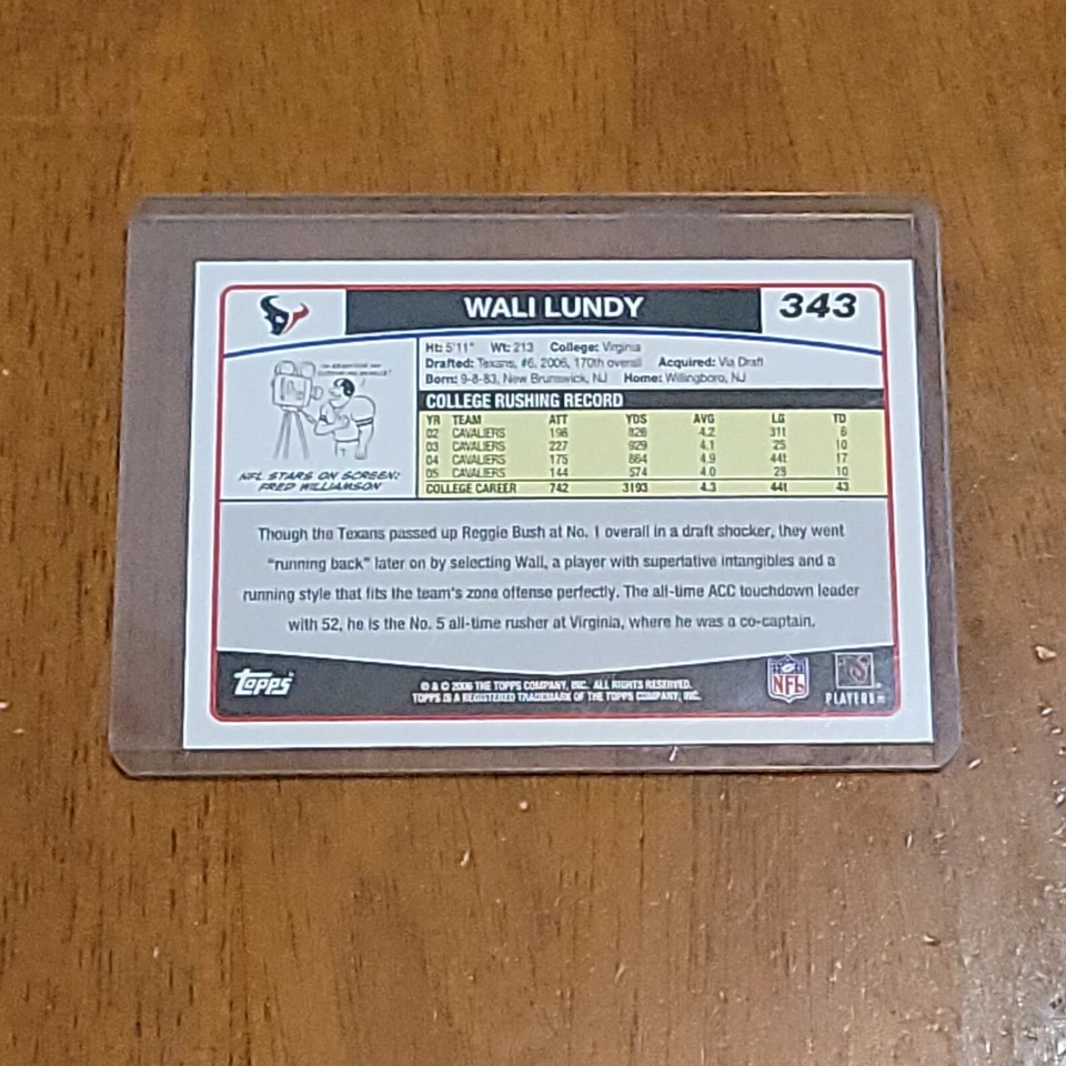 2006 TOPPS FOOTBALL CARD RC ROOKIE WALI LUNDY #343 CASE BOX HIT - Image 2 of 2