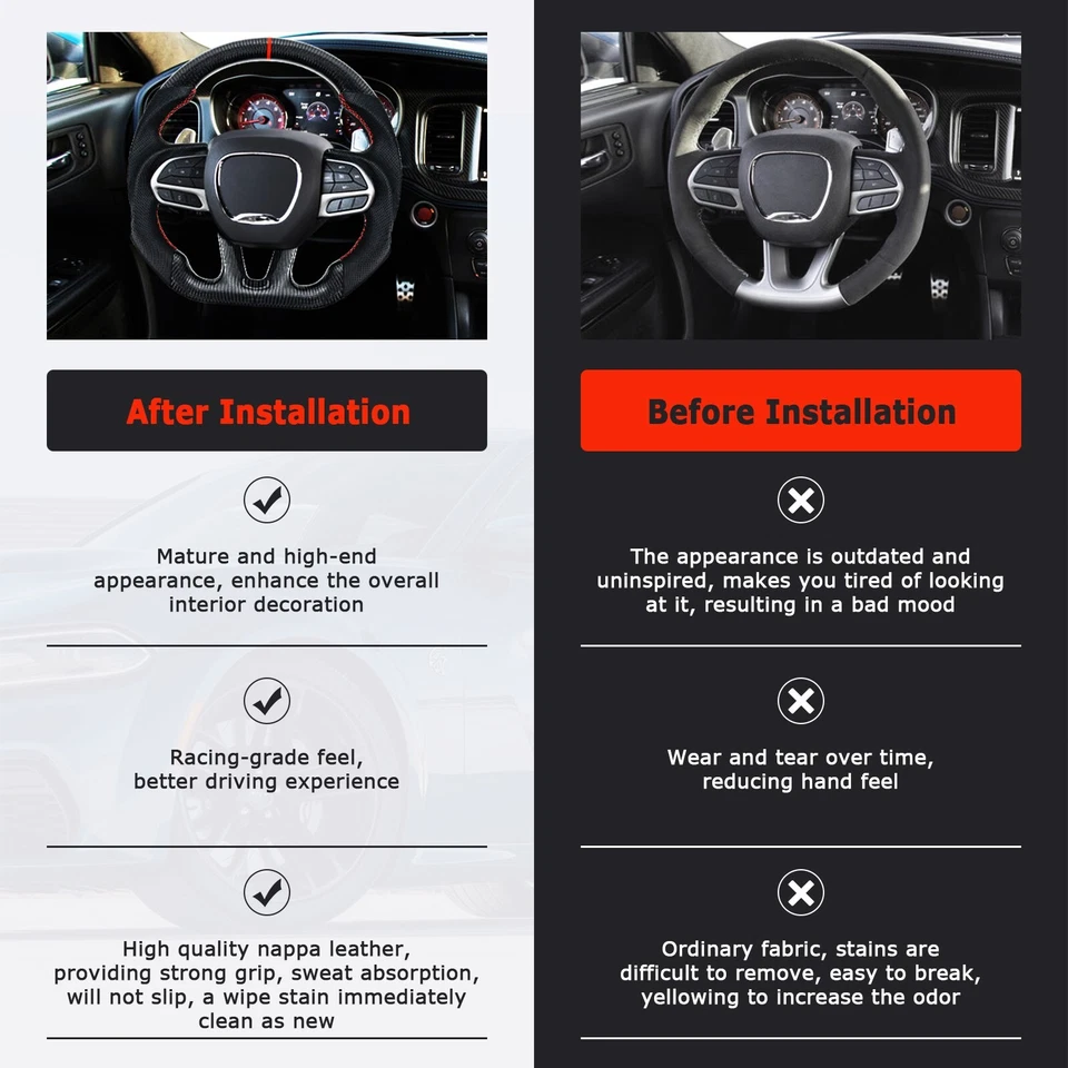 Volante de fibra de carbono real LOSCHEN para Dodge Challenger SRT 2015+ con calefacción Foto 4 de 4