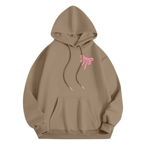 Women's Fashion Long Sleeve Letter Bow Printed Hooded Drawstring Sweatshirt - Picture 16 of 42
