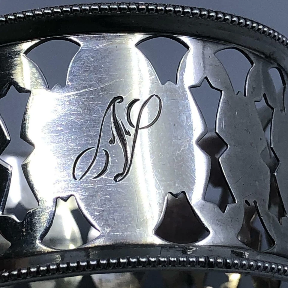 Antiguo anillo de servilleta de plata esterlina reticulado con cuentas Gorham inicial "N"  Foto 4 de 4