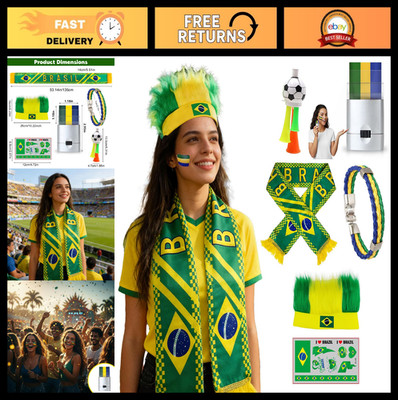 Brazil Fan Kit 2026 - Face Paint, Flag Scarf, Hair Headband, Wristband, Soccer H