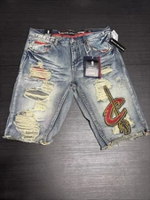 Size 36 UNK NBA Cleveland Cavaliers Patchwork Ripped Distressed Jean Shorts NWT