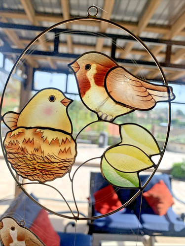 Vintage Stained Glass Style Capiz Shell Bird Family Hanging Sun Catcher Boho