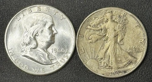 1944 D Walking Liberty Half Dollar & 1960 P Franklin Half Dollar Lot of 2