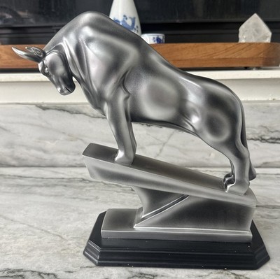Silver Bull Flexing On Anvil with Wooden Base Herco Figurine Decor 11  Tall