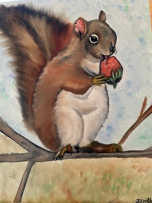 Original oil painting signed 11 x 14 in cute squirrel eating a strawberry 