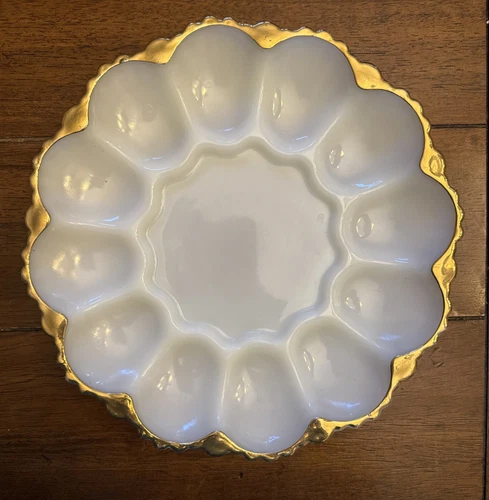 Vintage Anchor Hocking Fire King Delphite White Milk Glass Deviled Egg Plate