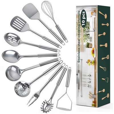 10 Pcs Cooking Utensils Set, Stainless Steel Kitchen Utensils, Metal Kitchen ...