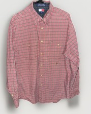 VTG Tommy Hilfiger Shirt Mens XL Red Tartan Plaid Crest Button Up Pockets Y2K