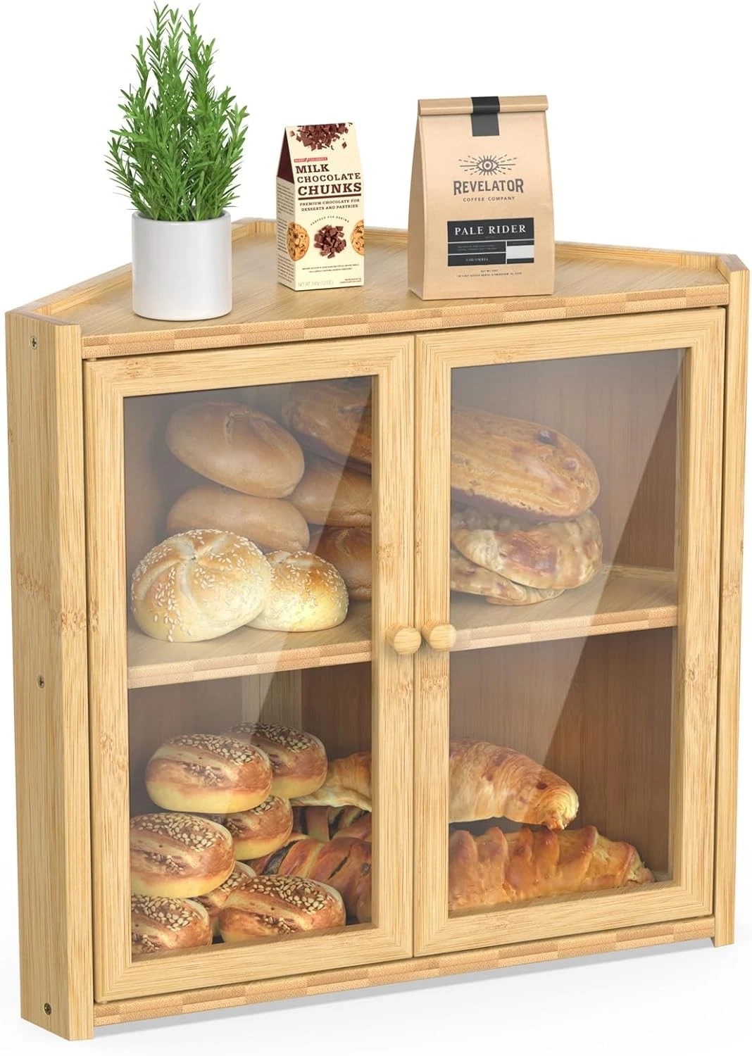 Corner Bread Box Kitchen Countertop Double Layer Bamboo Bread Storage Container