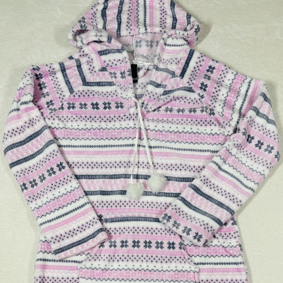 Nouveau Pajama Drama Nightgown Womens L Pink Fair Isle Hooded Velour Fleece Cozy - Image 2 of 4